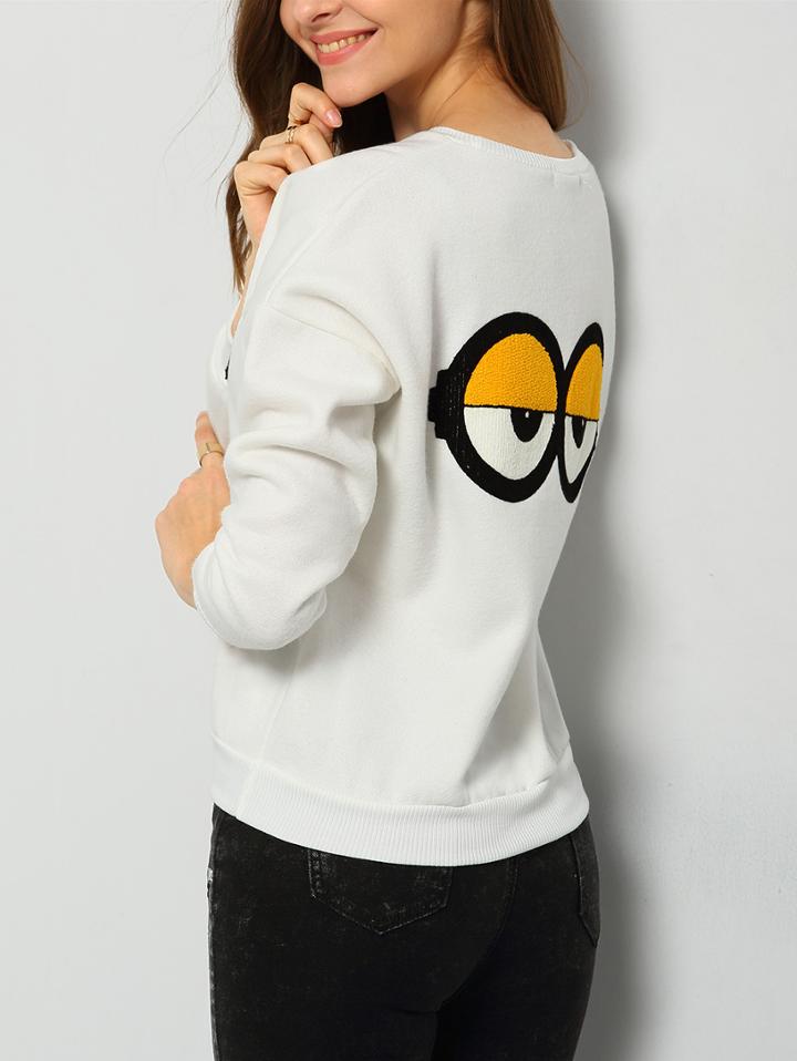 Shein White Round Neck Letters Eyes Patterned Sweatshirt