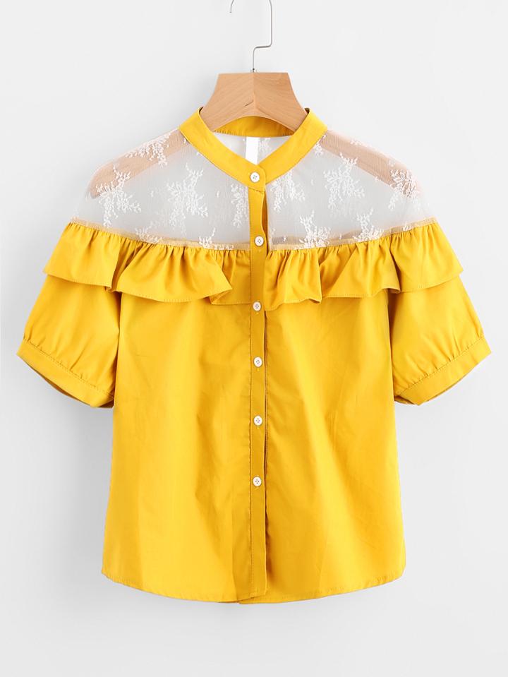 Shein Contrast Mesh Yoke Frill Trim Blouse