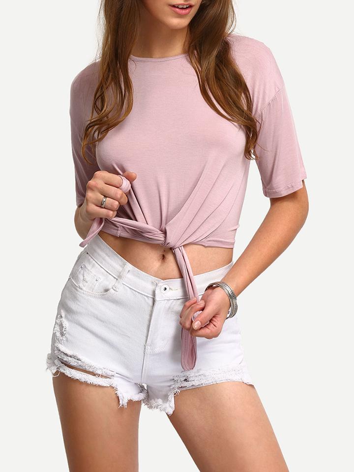 Shein Pink Knotted Crop T-shirt