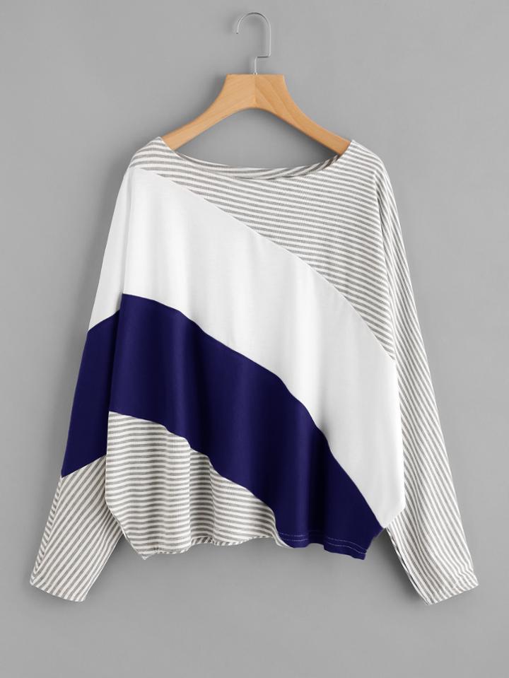 Shein Cut And Sew Striped Batwing Tee