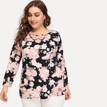 Shein Plus Crisscross V Neck Floral Top