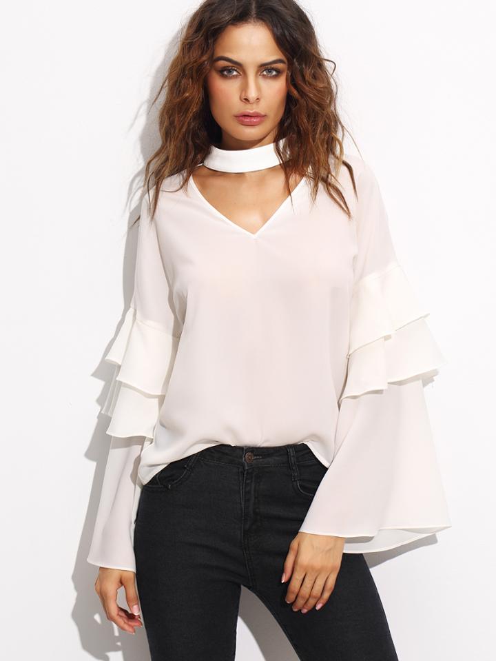 Shein Beige Ruffle Bell Sleeve Hollow Blouse