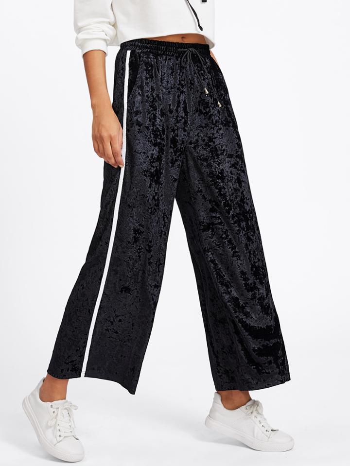 Shein Side Striped Drawstring Waist Velvet Pants