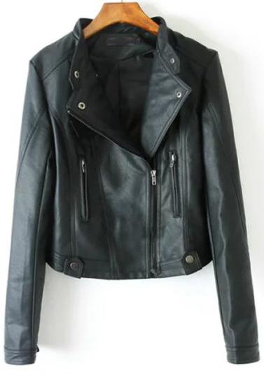 Shein Black Stand Collar Zipper Pu Crop Jacket
