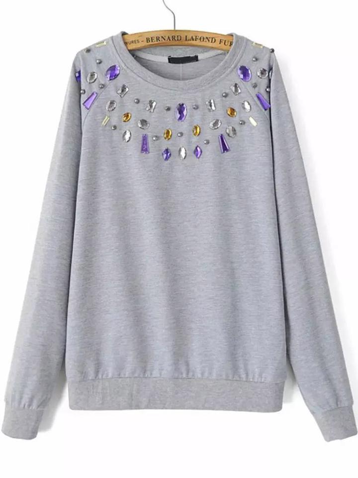Shein Grey Rhinestone Raglan Sleeve Sweatshirt