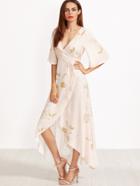 Shein Pink Flower Print Kimono Sleeve Surplice Wrap High Low Dress
