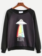 Shein Black Ufo Print Raglan Sleeve Sweatshirt