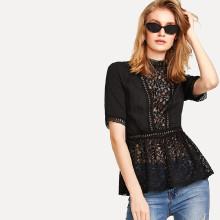 Shein Floral Lace Insert Pep Hem Blouse
