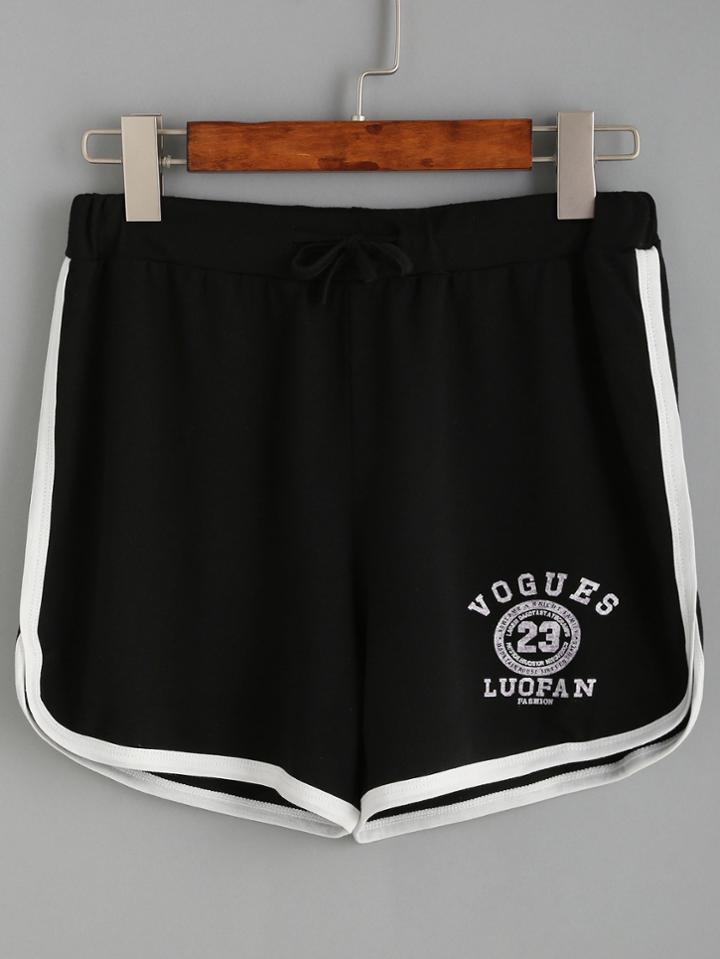 Shein Black Printed Contrast Binding Drawstring Shorts