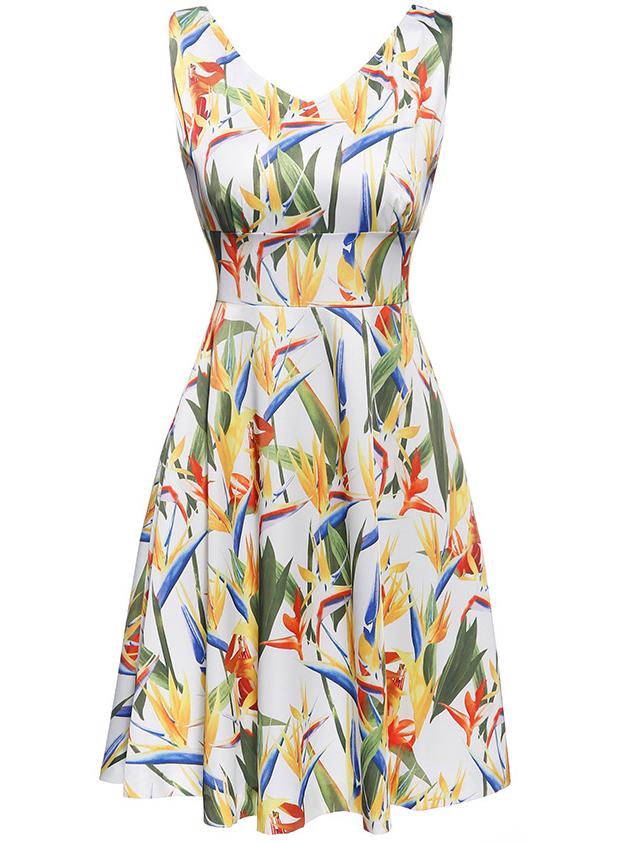 Shein Multicolor V Neck Backless Leaves Print Dress