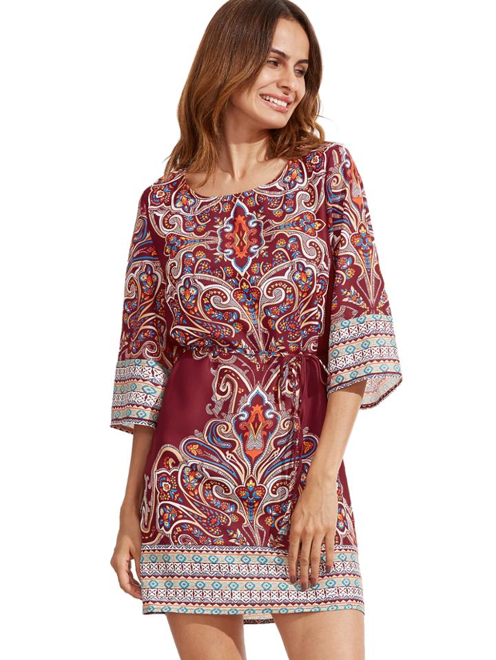 Shein Red Tribal Print Self Tie Dress