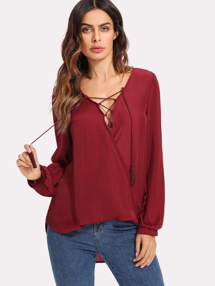Shein Lace Up Surplice Neckline Dip Hem Blouse