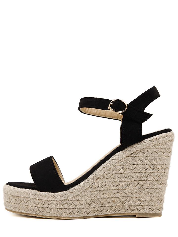 Shein Black Peep Toe Buckle Faux Suede Wedge Heels