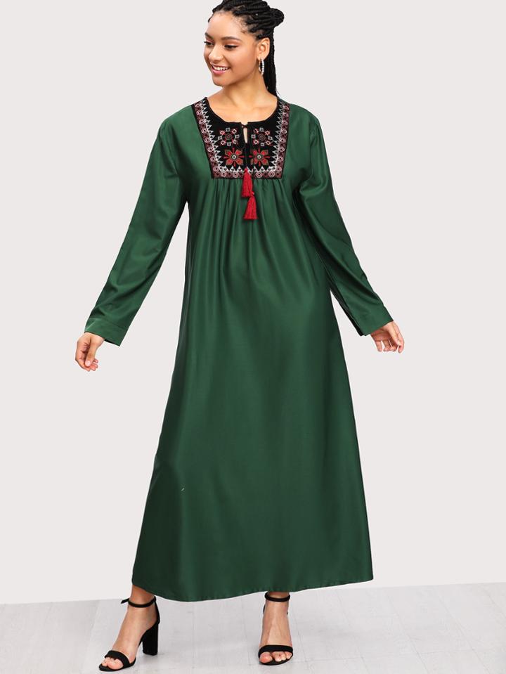 Shein Tribal Embroidered Tassel Front Dress