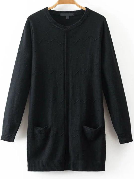 Shein Black Round Neck Pocket Long Cardigan
