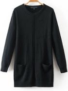 Shein Black Round Neck Pocket Long Cardigan