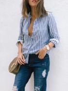 Shein Blue White Lapel Vertical Stripe Pocket Blouse