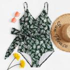 Shein Bow Tie Leaf Print Swimsuit
