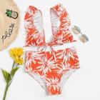 Shein Random Leaf Print With High Waist Bikini Set