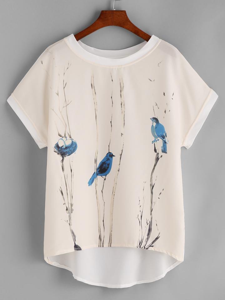 Shein Graphic Print Contrast Trim Dip Hem Chiffon Top