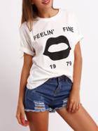 Shein White Crew Neck Lip Print T-shirt