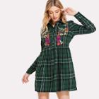 Shein Half Placket Embroidered Check Smock Dress