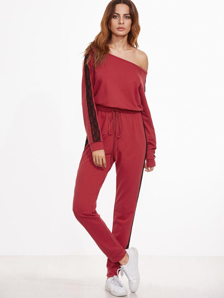 Shein Red Contrast Lace Sideseam Asymmetric Shoulder Sweat Jumpsuit
