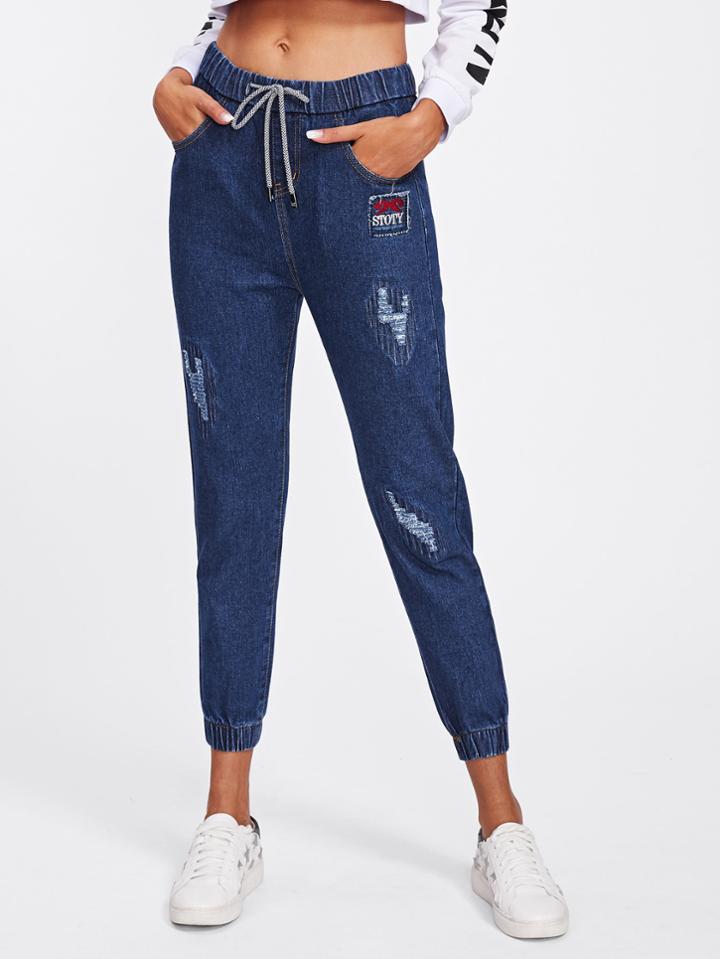Shein Drawstring Waist Elastic Hem Ripped Jeans