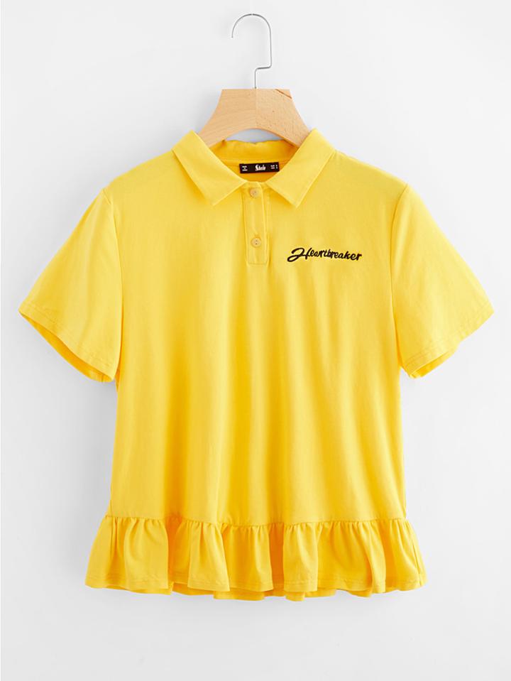 Shein Frilled Hem Embroidered Polo Shirt