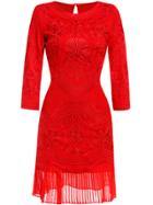 Shein Red Round Neck Long Sleeve Embroidered Dress