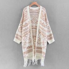 Shein Geo Pattern Drop Shoulder Fringe Hem Cardigan