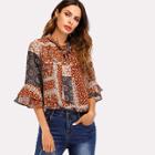 Shein Geo Print Tie Neck Fluted Sleeve Blouse