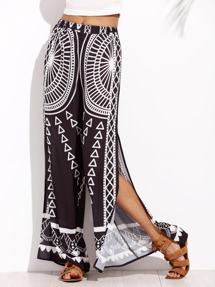 Shein Black And White Print Split Side Long Pants