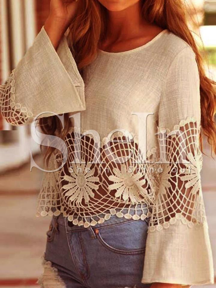 Shein Apricot Round Neck Bell Sleeve Flower Hollow Blouse