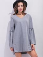 Shein Grey V Neck Bell Sleeve Tunic Dress