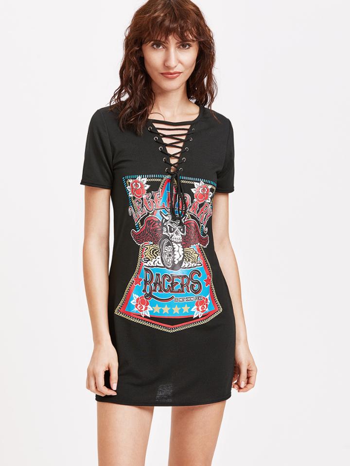 Shein Black Printed Lace Up Tee Dress