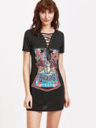 Shein Black Printed Lace Up Tee Dress