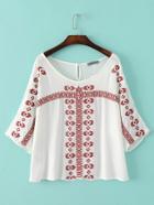 Shein White Embroidery Boat Neck Key Hole Blouse