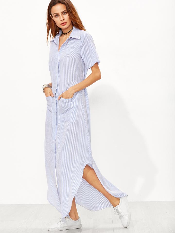 Shein Vertical Striped Curved Hem Shirt Dress With Pockets