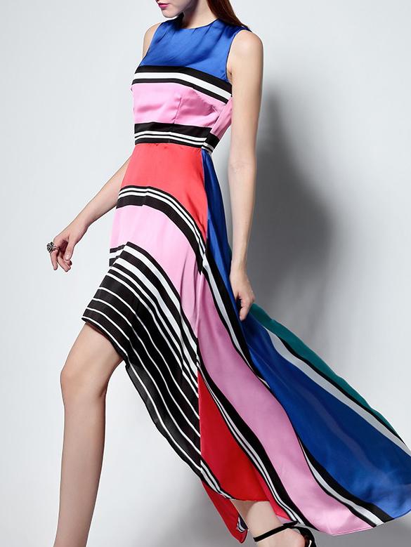 Shein Color Block Crew Neck High Low Dress