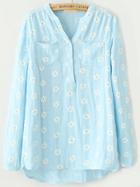 Shein V Neck Dip Hem Daisy Print Blue Blouse