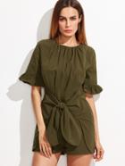 Shein Olive Green Ruffle Sleeve Tie Front Romper