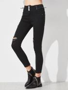 Shein Black Buttoned And Lace Up Waist Ripped Skinny Jeans