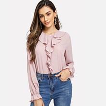 Shein Button Detail Ruffle Trim Solid Top
