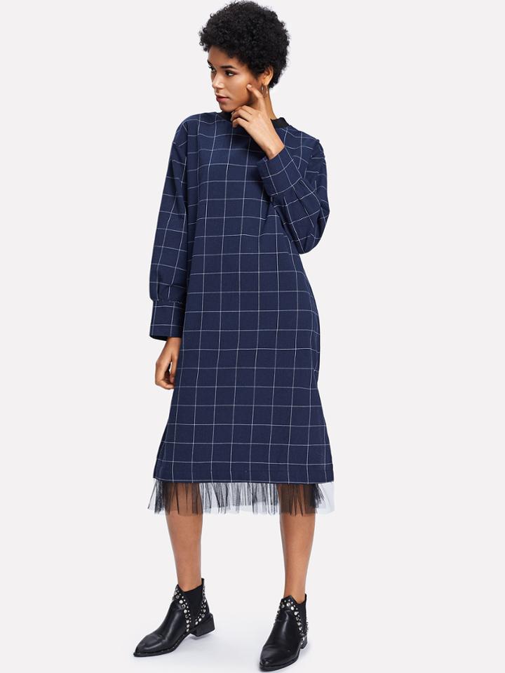 Shein Contrast Mesh Hem Slit Side Grid Print Dress