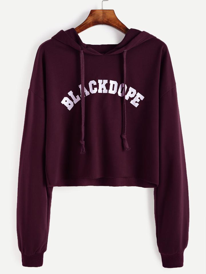 Shein Letter Print Drop Shoulder Raw Hem Crop Hoodie