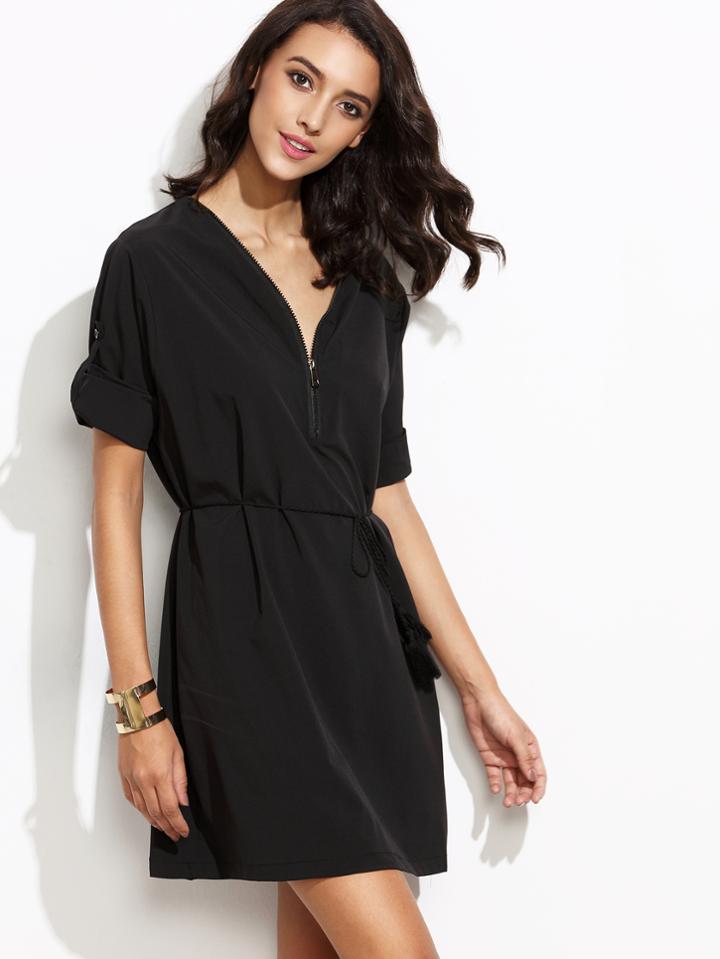 Shein V Neck Roll Tab Sleeve Self Tie Zipper Dress