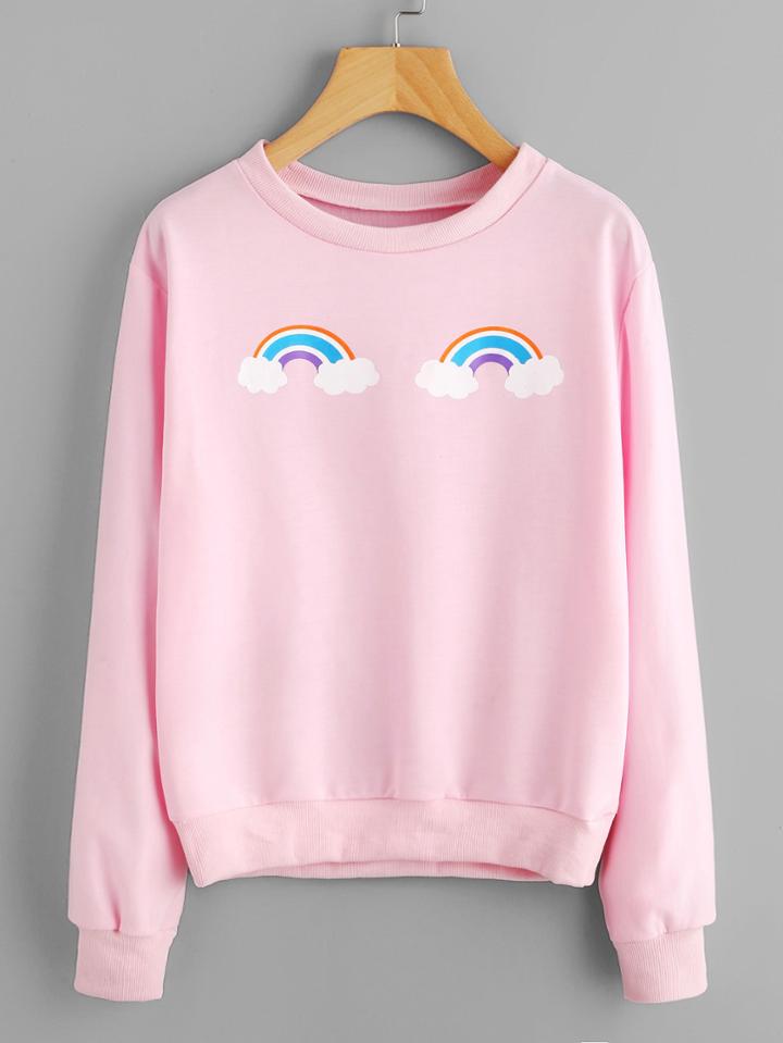 Shein Rainbow Print Ribbed Trim Sweatshirt