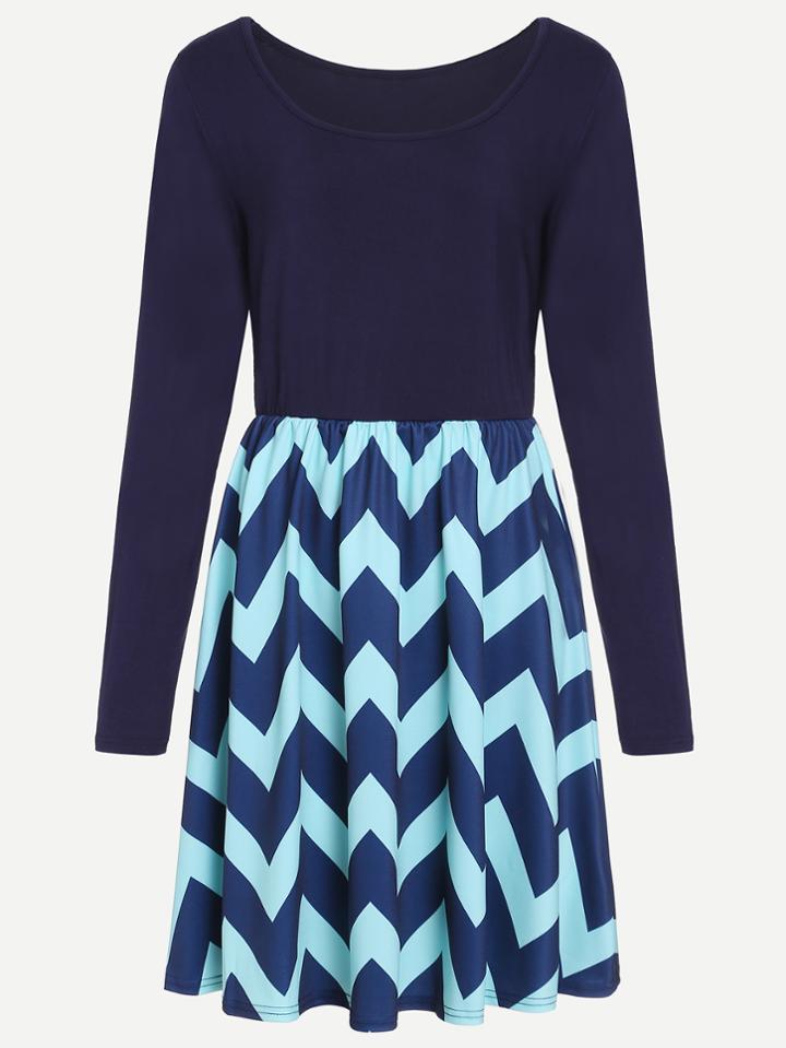 Shein Navy Chevron Pattern Combo Dress