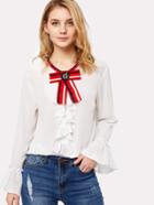 Shein Bow Neck Ruffle Placket And Cuff Blouse